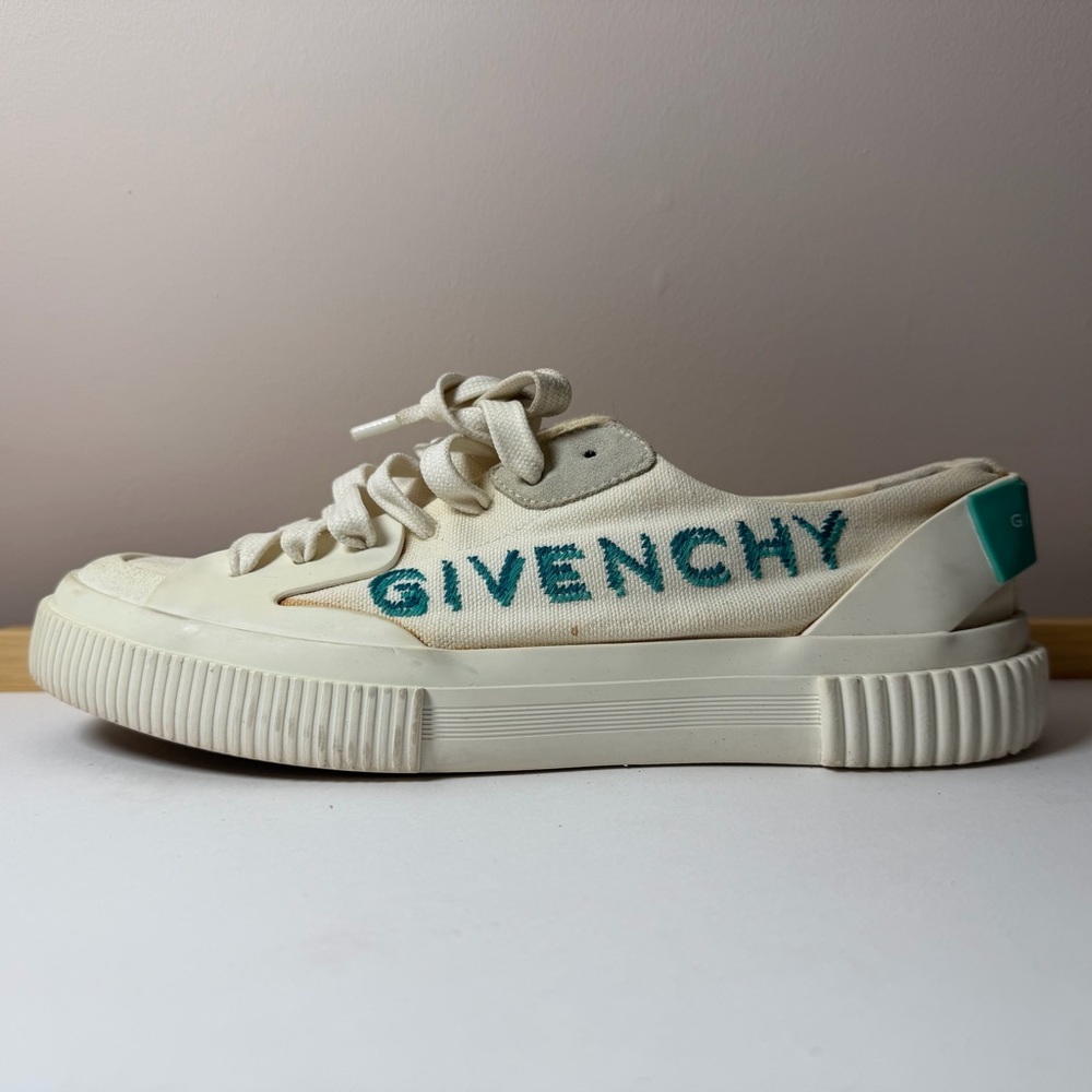 Givenchy Cream Canvas Sneaker with Teal Logo Embroidery